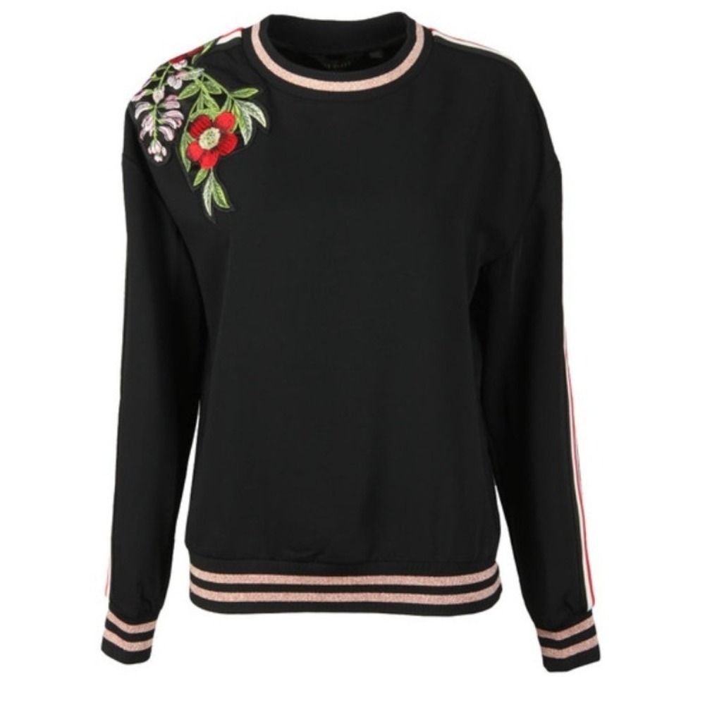 Ted Baker Maddeyy‎ Embroidered Trim Top Womens 6 Black Floral Rose Stripe Luxury